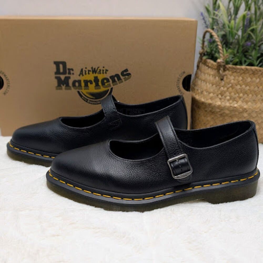 Dr. Martens Elphie MJ Black Virginia Leather Mary Jane Shoes UK 7 Women's 9 NIB - Picture 2 of 12